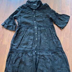 Blanco De Ibiza Gorgeous Black Linen Shift Detail Button Down Dress one size EUC